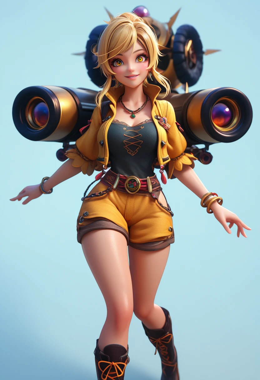((Full body photo, standing, feet on the floor)) Adorable 3D Character of (solo, full body photo:1.3), (action packed:1.3) (jumping:1.3), (haze, fog, mist:1.3), chiaroscuro, AnalogRedmAF slut lady, standing, water 8k, absurdres, vivid colors, matte yellow hair, spunky Steampunk adult 20yo woman, brass machinery perfect eyes 3D render, adorable character, 3D art