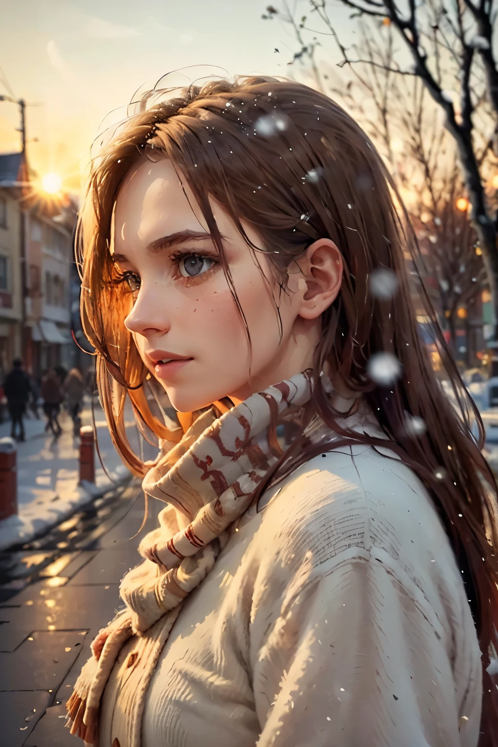 (best quality,4k,8k,highres,masterpiece:1.2),ultra-detailed,(realistic,photorealistic,photo-realistic:1.37),the last sunset before leaving,winter sky at sunset,soft colors,pink orange,blue,mist,rows of trees and buildings,peaceful atmosphere,serene winter landscape,subtle hues,receding sunlight,golden hour,quiet streets,gentle breeze,kiss of warmth,city silhouette,icy branches,elegant architecture,wistful mood,majestic skyline,little snowflakes dancing,final goodbye.