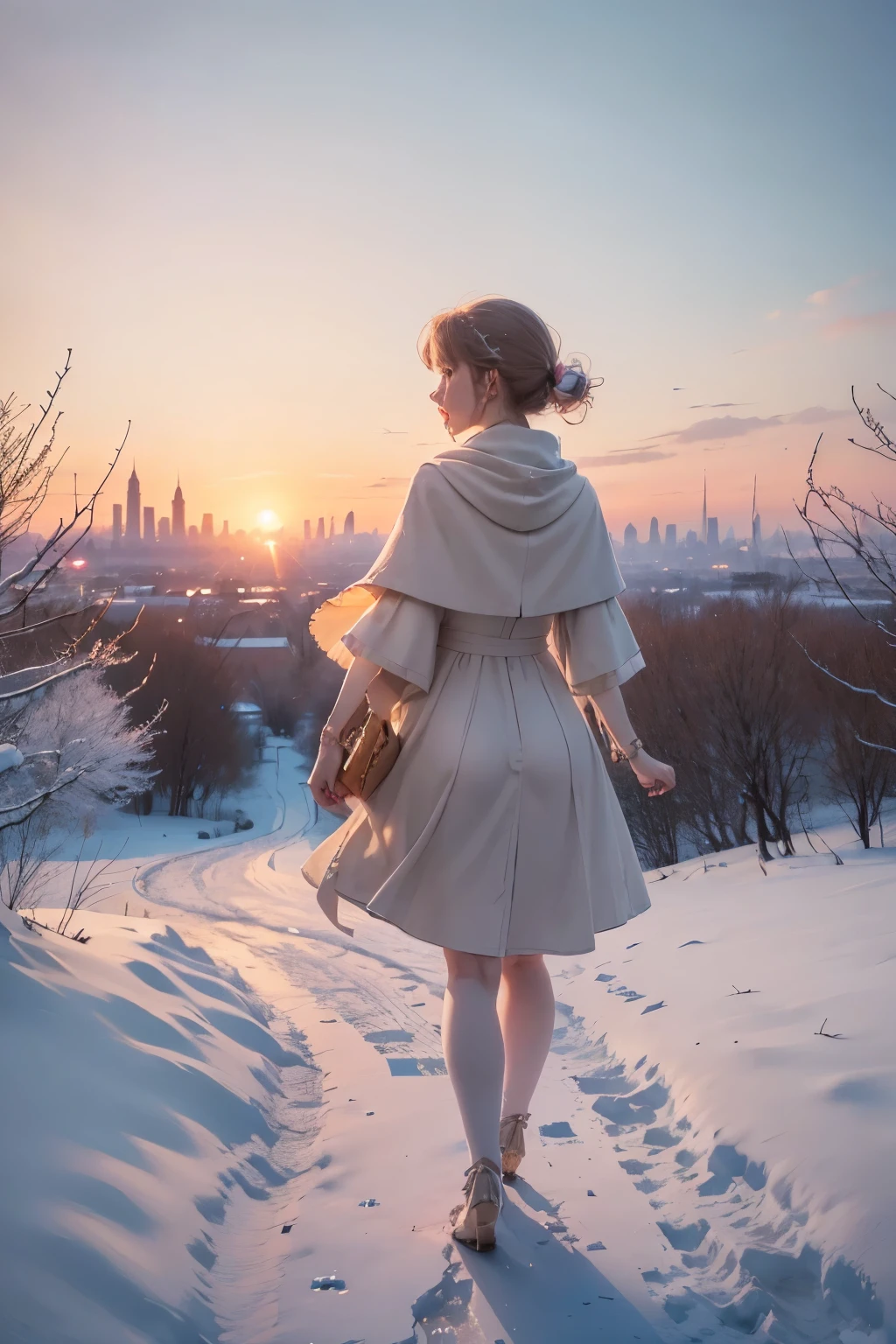 (best quality,4k,8k,highres,masterpiece:1.2),ultra-detailed,(realistic,photorealistic,photo-realistic:1.37),the last sunset before leaving,winter sky at sunset,soft colors,pink orange,blue,mist,rows of trees and buildings,peaceful atmosphere,serene winter landscape,subtle hues,receding sunlight,golden hour,quiet streets,gentle breeze,kiss of warmth,city silhouette,icy branches,elegant architecture,wistful mood,majestic skyline,little snowflakes dancing,final goodbye.