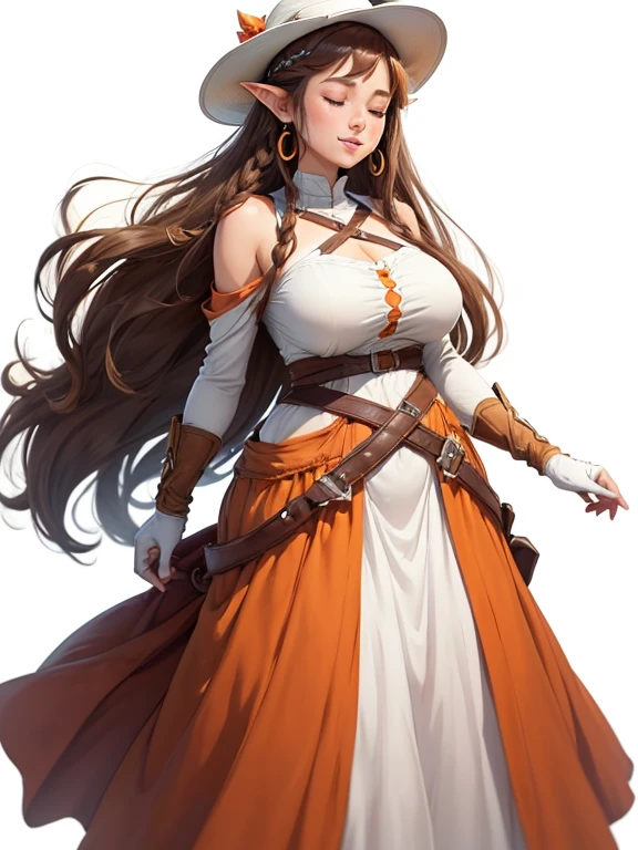 anime woman, long straight brown hair, green eyes, peach colored skin, ((SFW)), detailed face, detailed eyes, UHD 8K, brown and white jedi robes, large breasts, wide hips, thick thighs, brown thigh high boots, one person, solo