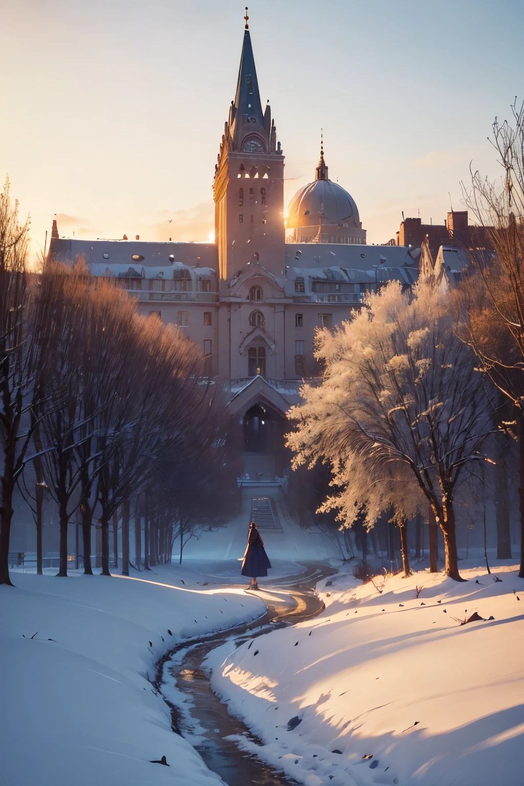 (best quality,4k,8k,highres,masterpiece:1.2),ultra-detailed,(realistic,photorealistic,photo-realistic:1.37),the last sunset before leaving,winter sky at sunset,soft colors,pink orange,blue,mist,rows of trees and buildings,peaceful atmosphere,serene winter landscape,subtle hues,receding sunlight,golden hour,quiet streets,gentle breeze,kiss of warmth,city silhouette,icy branches,elegant architecture,wistful mood,majestic skyline,little snowflakes dancing,final goodbye.