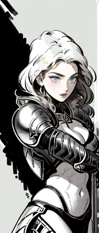 Ink Style Figure, a close up of a woman in armor holding a sword, bikini armor female knight, Outlined in black ink, the figure is depicted with smooth lines, expressing emotions and posture through the contrast of ink density. The background is minimalist, emphasizing light, shadow, and spatial perception, extremely detailed artgerm, black and white,