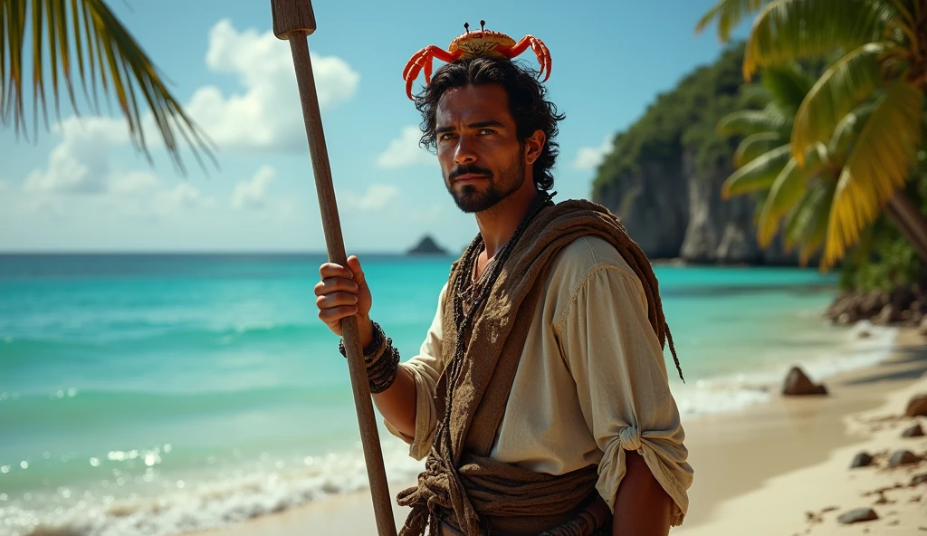a young white male sitting on deck of pirate ship playing mandolin, dressed in loin cloth, detailed face, detailed hands, detailed instruments, highly detailed, photorealistic, dramatic lighting, golden hour, vibrant colors, cinematic, epic atmosphere, fantasy, adventure