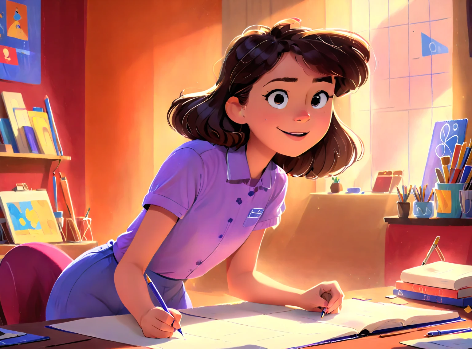 source_disney, source_illustration,rating_safe,rating_cartoon,masterpiece, best quality, perfect anatomy , very aesthetic , solo,1girl\(Clara, a small girl with brown wavy hair, using glasses) , drawing with crayons , happy expression , wearing purple shirt. Detailed face , intricate details , colorful crayons , cozy indoor setting , beautiful lighting , soft pastel colors , warm tones , cinematic composition , award winning illustration , highly detailed , photorealistic , 8k , masterpiece , professional , award winning , cinematic lighting , soft focus , beautiful composition , consistent character. The illustration should be simple and clean. The style of the illustration resembles a classic ren's book, combining a Disney cartoon and watercolor illustration but with thick lines outlining the image.
