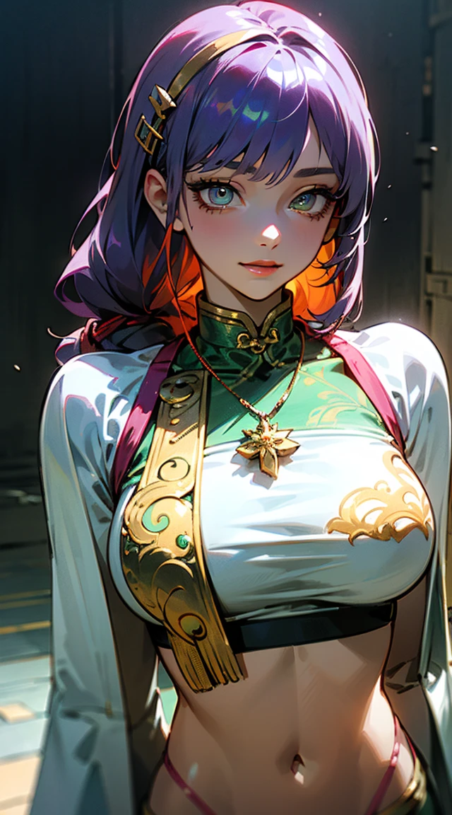 (geometric:1.1), ((1 anime girl, amazing, cute girl)), (Masterpiece, Best quality, Beautiful and aesthetic:1.2),((Ultra-high resolution, Golden ratio)), (Physically-based rendering), Sharp focus, (((high detail skin))), Intricately detailed clothing, Delicate pupils, Danfeng Eye,((((multicolor hair, cold detailed hair, long hair)))), Slender, geometric eyes :1.1,  ((extremely_Detailed_eyes_and_face)), long eyelash, (masterpiece side lighting), (Dynamic configuration: 1.2), Perfect Anatomy, Eyeliner, nsfw, sharp eyes, choker, light smile, hair adornments, fit thighs, thigh gap, ((((,bright skin: 1.5, very shiny skin,shiny body)))),(spider lower abdomen,narrow waist,wide hip,bimbo body,inflated legs,thick thighs,delicate detailed fingers),(((detailed illuminated face))), cute, sensual, seductive look, queen, goddess,fantasy,(((ice jewelry,intricate necklace, christmas jewelry))),((eyeshadow,elegant makeup,eyelid makeup,gold lips,gold lipstick)), (((intricate outfit,intricate clothes,embroidered outfit, ornate outfit, embroidered clothes, ornate clothes))), (dynamic pose:1.0),embarrassed,(centered,scale to fit dimensions,Rule of thirds), ((intricate scenery)), (Glossy winter ornaments),highres, sharp focus,1 person, Straight Bangs, Braiding, Big Sleeves, Hair Accessories,Obi says, (Purple Hair:1.2), Long Hair, Straight hair, Towards the audience, Detailed Background, (Realistic:1.2), Beautiful Eyes, Red eyeshadow, thigh, (Urzan-6500:0.7), Upper Body(Alone:1.2), (Cyberpunk City:1.1), ,,Glowing Skin、((Face close-up))、((smile))、.((Sports Bra))、((3 hairpins)).