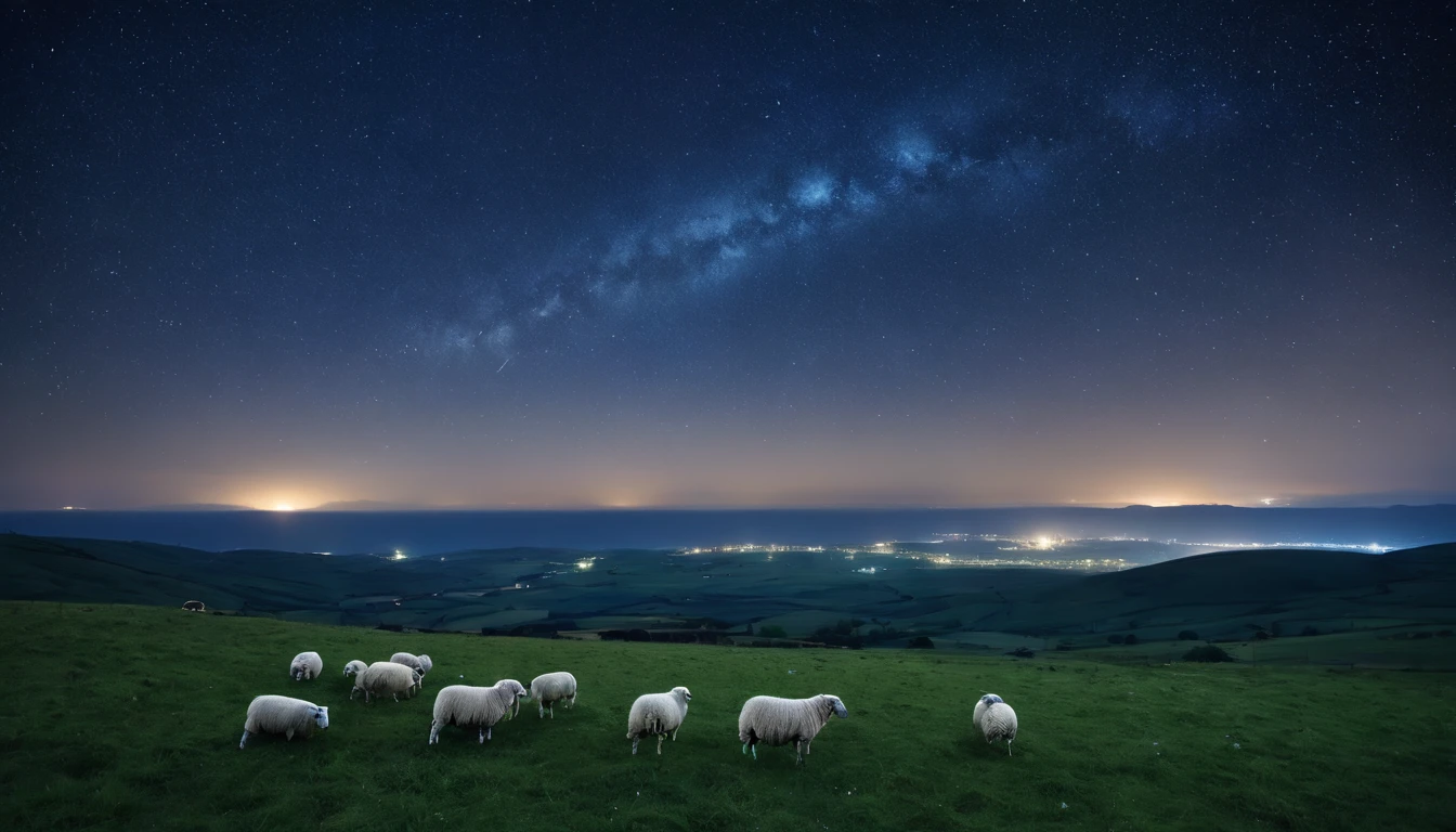  field hills sheep in the center, View of the horizon, beautiful place, Dark night, starry sky, Dark blue 