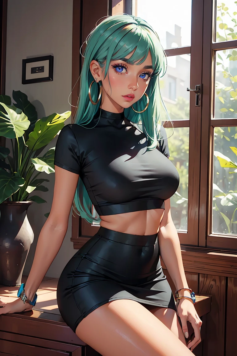 Goddess ((goddess-like woman)), slim, slim elegant silhouette, masterpiece, (close angle), best quality,sweet face, (masterpiece:1,2, best quality), (real picture, intricate details), (1 lady , solo, medium tits, slim waistline, ),mint green hair, bangs, blunt bangs,, big Eyes, Ghost Eyes, Blue eyes, she has an impressive presence. , ear piercing, bracelet, hoop earrings, beautiful face, beautiful eyes, she looks at the viewer, she is wearing black panties and a gray crop top with mesh details, m3shm1cr0, skirt, short sleeves , waist, crop top,  side breast, perfect curves,clothes with soft colors, soft, lace trim, background: bright oriental room, large window,