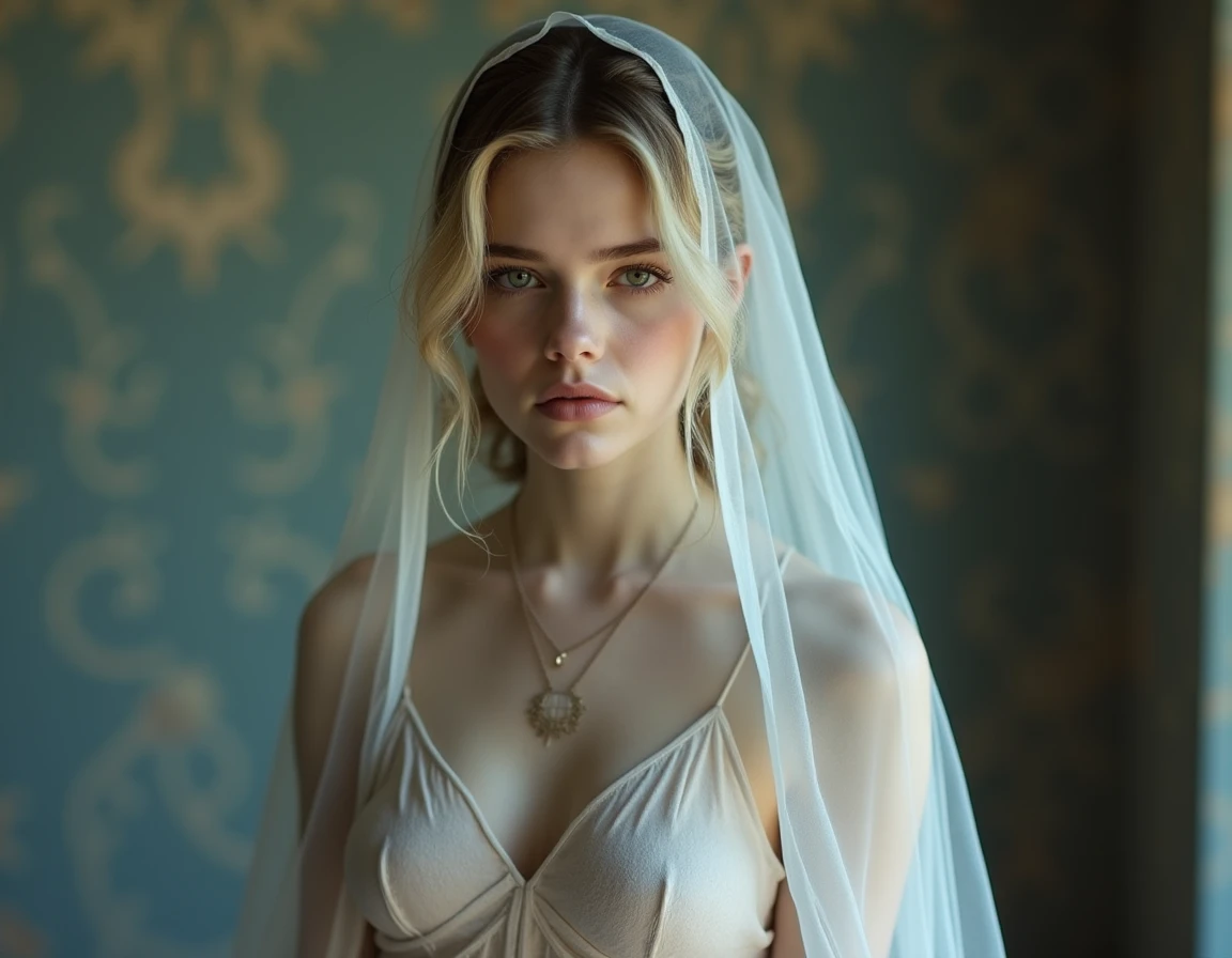 Kirsten Dunst, wearing nude veil bride lingerie corset costume transparent. professionally retouched, soft lighting, realistic, smooth face, perfect eyes, sharp focus on eyes, 8 k, high definition, insanely detailed, intricate, elegant. be in the bedroom.