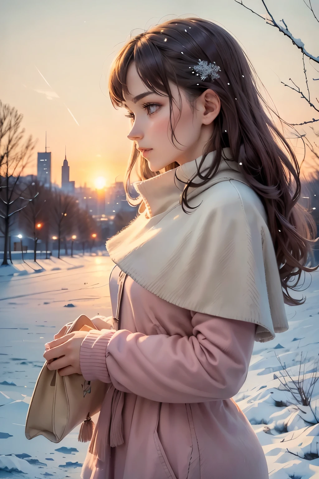 (best quality,4k,8k,highres,masterpiece:1.2),ultra-detailed,(realistic,photorealistic,photo-realistic:1.37),the last sunset before leaving,winter sky at sunset,soft colors,pink orange,blue,mist,rows of trees and buildings,peaceful atmosphere,serene winter landscape,subtle hues,receding sunlight,golden hour,quiet streets,gentle breeze,kiss of warmth,city silhouette,icy branches,elegant architecture,wistful mood,majestic skyline,little snowflakes dancing,final goodbye.