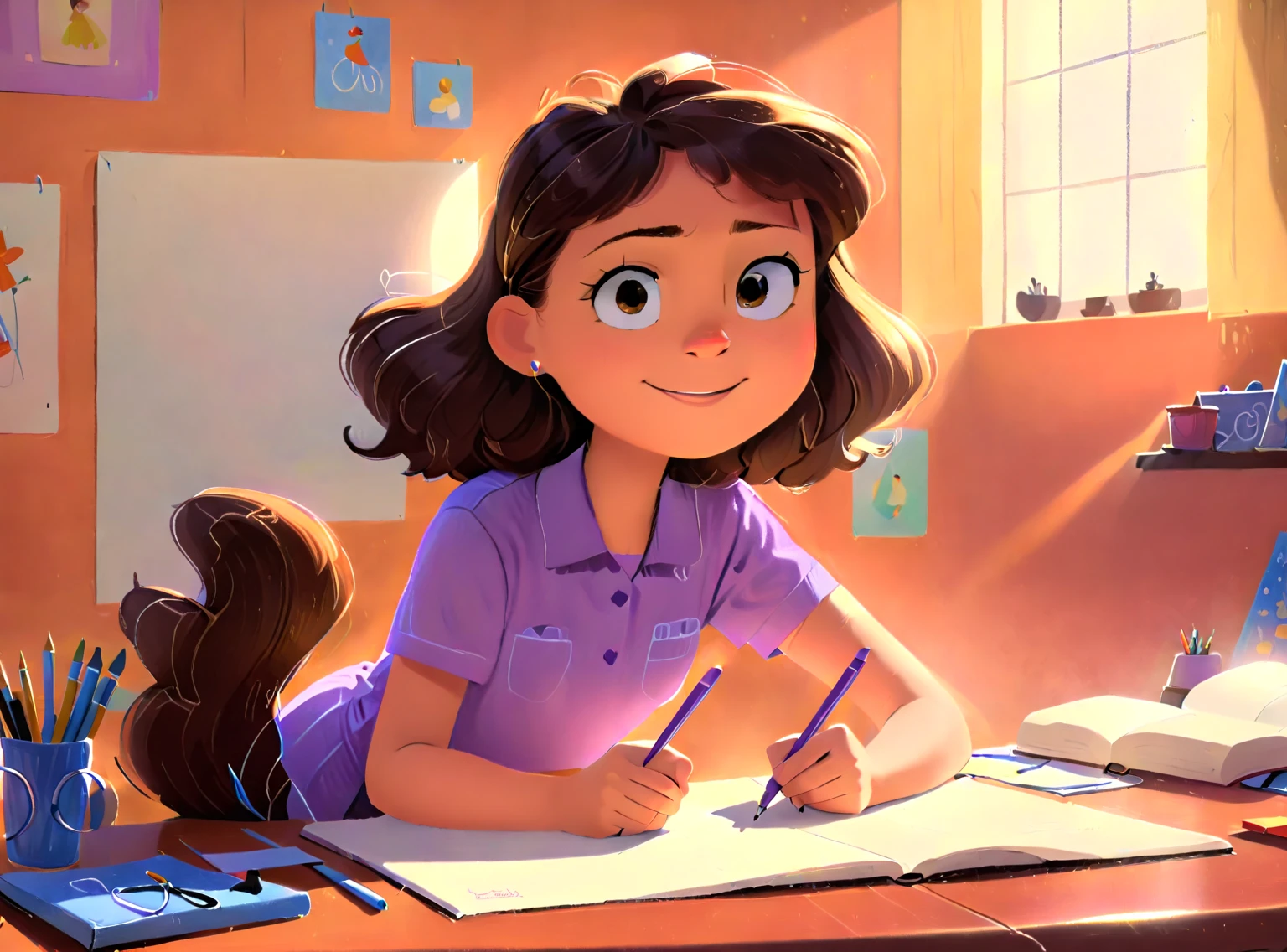 source_disney, source_illustration,rating_safe,rating_cartoon,masterpiece, best quality, perfect anatomy , very aesthetic , solo,1girl\(Clara, a small girl with brown wavy hair, using glasses) , drawing with crayons , on a table , happy expression , wearing purple shirt. Detailed face , intricate details , one girl , colorful crayons , cozy indoor setting , beautiful lighting , soft pastel colors , warm tones , cinematic composition , award winning illustration , highly detailed , photorealistic , 8k , masterpiece , professional , award winning , cinematic lighting , soft focus , beautiful composition , consistent character. The illustration should be simple and clean. The style of the illustration resembles a classic ren's book, combining a Disney cartoon and watercolor illustration but with thick lines outlining the image.
