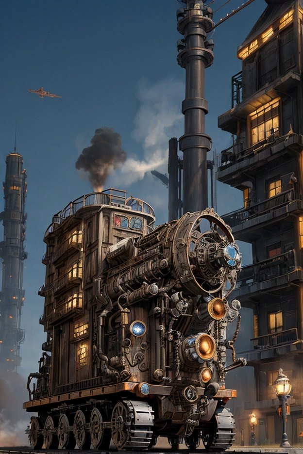 Mechanical city moving on colossal wheels, steaming engines, in a mecha ...