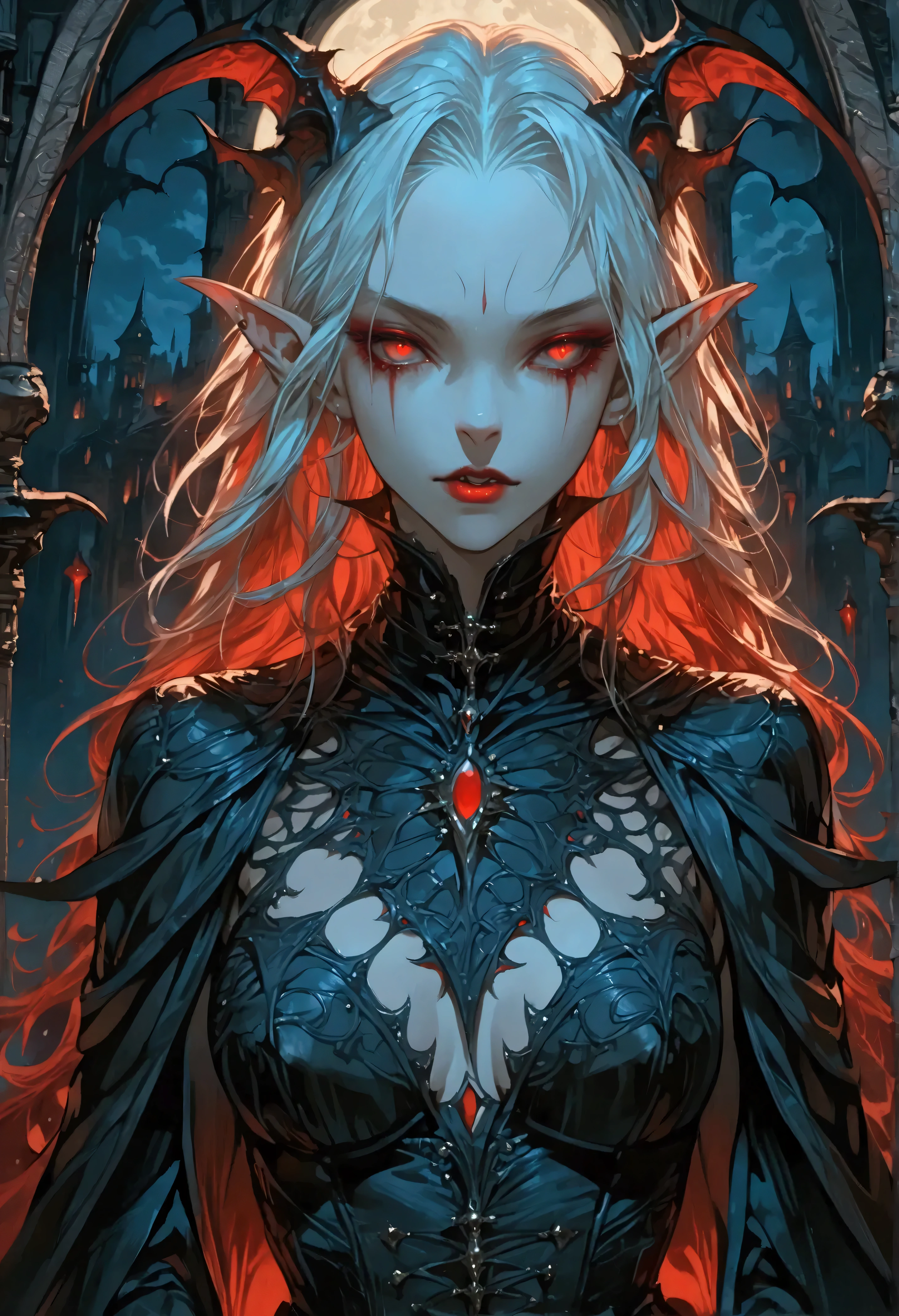 anime comic illustration fantasy art, gothic art, (masterpiece:1.5), full body best details, highly detailed, best quality, Glowing Red, highres, full body portrait of a vampire, elf (Masterpiece, best quality: 1.6), ultra feminine, wizard, (intricate details, Masterpiece, best quality: 1.5) with a long curvy hair, light color hair, red eyes, busty, ((beautiful delicate face)), Ultra Detailed Face (intricate details, fantasy art, Masterpiece, best quality: 1.5), ((vampiric fangs 1.5)) (blue cloak: 1.3) , flowing cloak (intricate details, fantasy art, Masterpiece, best quality: 1.3), wearing an intricate (black: 1.4) intricate leather dress (intricate details, fantasy art, Masterpiece, best quality: 1.5), high heeled boots, fantasy urban background (intense details, beat details), fantasy, at night light, natural ,moon light, clouds, gothic atmosphere, soft light, dynamic light, [[anatomically correct]], high details, best quality, 8k, [ultra detailed], masterpiece, best quality, (extremely detailed), dynamic angle, Intense gaze