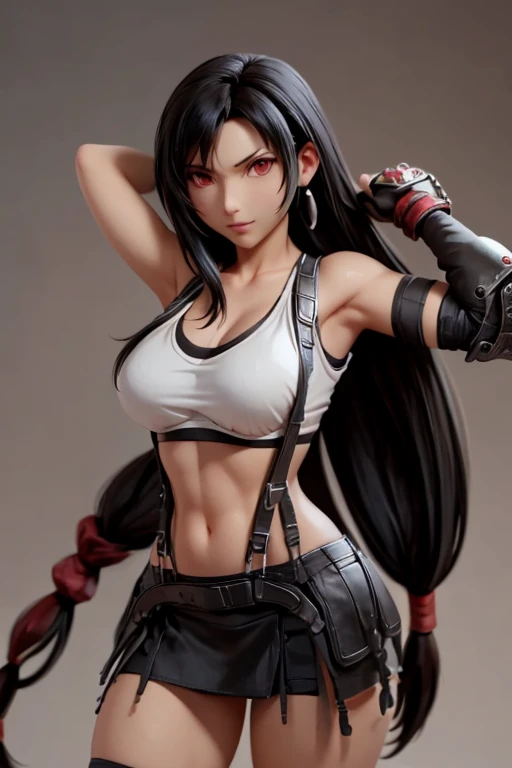 A woman,  black hair, long hair,  Tifa Lockhart ;Gladiator clothing ,  post-apocalyptic world, destroyed scenario,  better quality 