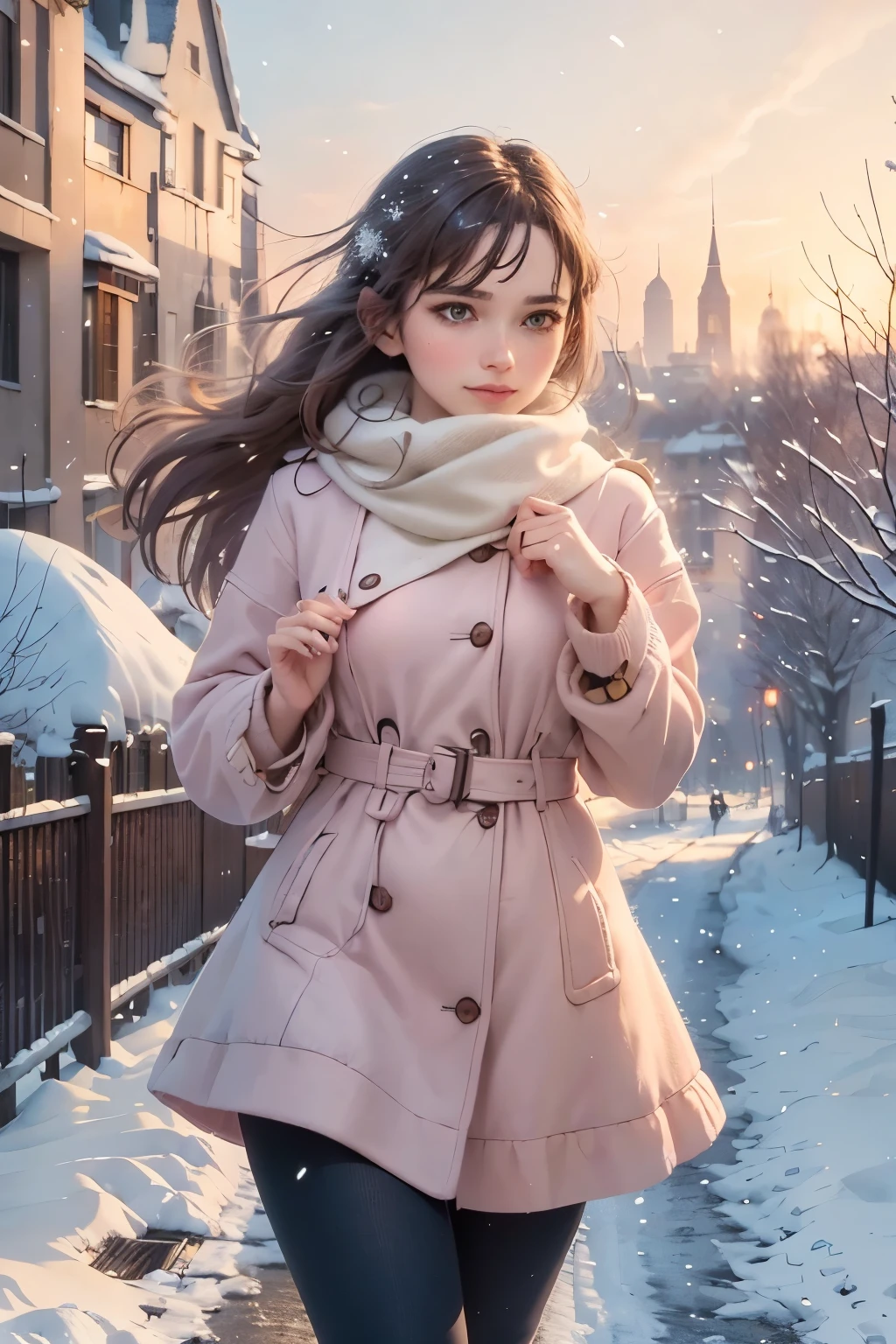 (best quality,4k,8k,highres,masterpiece:1.2),ultra-detailed,(realistic,photorealistic,photo-realistic:1.37),the last sunset before leaving,winter sky at sunset,soft colors,pink orange,blue,mist,rows of trees and buildings,peaceful atmosphere,serene winter landscape,subtle hues,receding sunlight,golden hour,quiet streets,gentle breeze,kiss of warmth,city silhouette,icy branches,elegant architecture,wistful mood,majestic skyline,little snowflakes dancing,final goodbye.