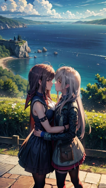  two girls、キスをしている two girls、Hill with a view of the sea