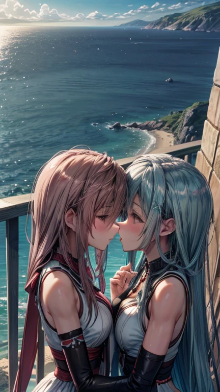  two girls、キスをしている two girls、Hill with a view of the sea