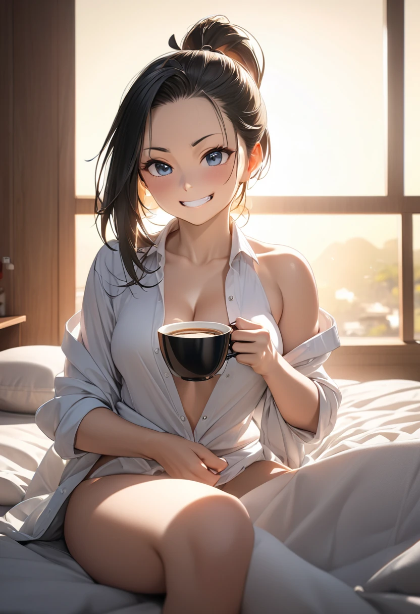 1girl, morning, hold a coffee mug, from side, cute smile, sleep wear, cleavage, window, bra, pantie