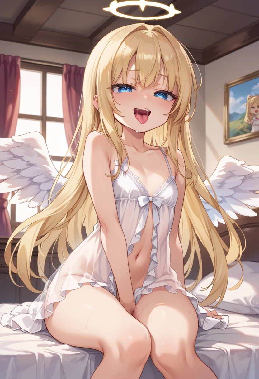 Score_9, score_8_up, 4k, 8k, detailed face, source_anime, smug angel girl with small breasts, pretty girl, thick thighs, blonde hair, long hair, angel wings, white outfit, white babydoll, see-through outfit, inside heaven, wet tongue, moaning, open mouth, masturbating, (motion lines), fingering, grabbing breast,