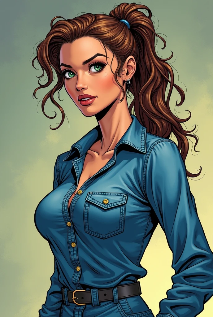 beautiful woman , 21 years old , very beautiful, blue eyes, curly brown hair, denim yellow pans, blue t-shirt, big ass, busty. Comic style. Marvel comics style