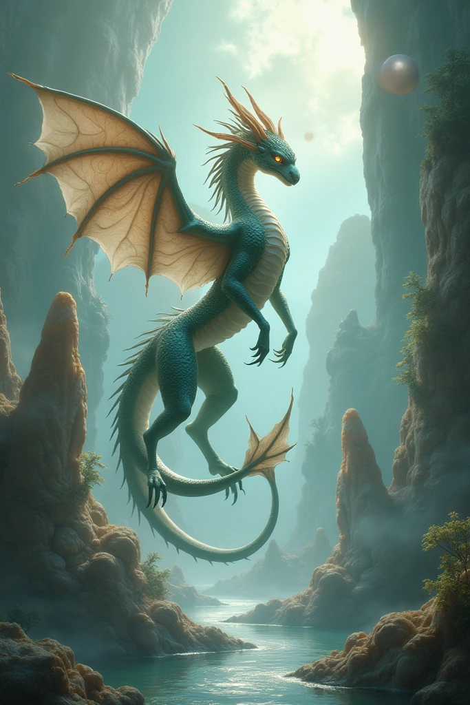 serpent with four feet two wings its scales are shiny 
