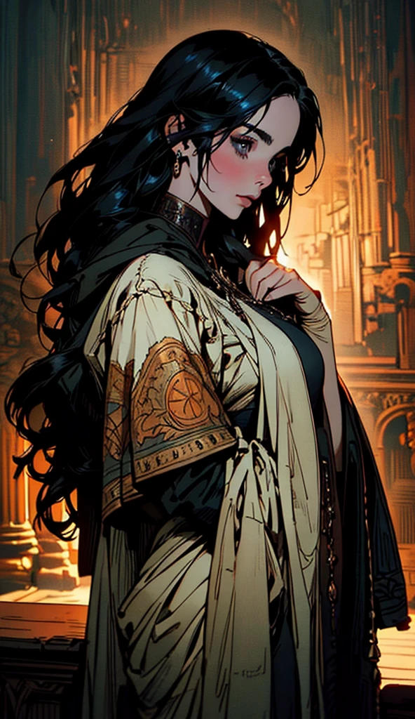 A adult girl in realistic portrait of high quality and detail, Clorinde (Genshin Impact), 2000's style, full-length, dark and mysterious atmosphere, pale skin, glow, eye shadow, 1girl, thriller fantasy, Depth & Perspective, sadness on her face, ponytail purple hair, purple eyes, Mystical powers, fine face, She's standing in the courtroom, indoors, Her white shirt hugs her ample breasts, blue sky, white cloud, looking at viewer, (ultra-high detail:1.2), Masterpiece, Best Quality, Ultra-detailed, Cinematic lighting, 8K, delicate features, cinematic, 35 mm lens, f/1.9, highlight lighting, global lighting –uplight –v 4, cinematic, intense gaze, Cinematic lighting, 8K, high quality, Highest Quality, (Solo Focus), (extremly intricate:1.3), (Realistic), dramatic, masterful, Analog style, (Film grain:1.5), (warm hue, cold tone), behind back