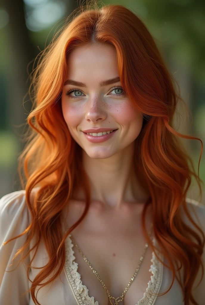 clearing! Imagine a young woman with intense red hair, that seem to glow like fire in the sunlight. Your hair is long and wavy, cascading over her shoulders and further highlighting the vibrancy of her color. Your skin is clear and appears to have a healthy glow, enhanced by a light touch of makeup that highlights your features without exaggeration.
His eyes are a vibrant green, which contrasts with the warm color of her hair and gives her a captivating and expressive look. She has a well defined face, with delicately high cheekbones and a smile that lights up her face, showing perfectly aligned white teeth.
She wears clothes that enhance her beauty, perhaps a neutral-toned blouse that highlights the color of your hair and eyes, and a skirt or pants that complements your personal style with a touch of elegance. His posture is confident and graceful, and she has a presence that is both striking and enchanting.