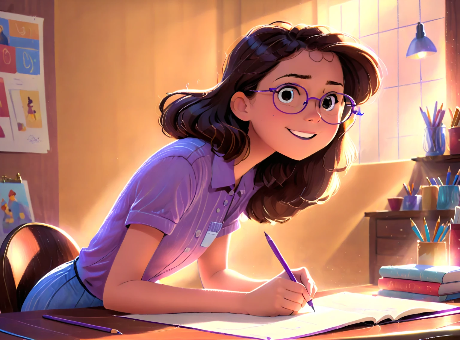 perfect anatomy , very aesthetic , solo,1girl\(Clara, a  with brown wavy hair, using glasses) , drawing with crayons , on a table , happy expression , wearing purple shirt. Detailed face , intricate details , one girl , colorful crayons , cozy indoor setting , beautiful lighting , soft pastel colors , warm tones , cinematic composition , award winning illustration , highly detailed , photorealistic , 8k , masterpiece , professional , award winning , cinematic lighting , soft focus , beautiful composition , consistent character. The illustration should be simple and clean. The style of the illustration resembles a classic ren's book, combining a Disney cartoon and watercolor illustration but with thick lines outlining the image.