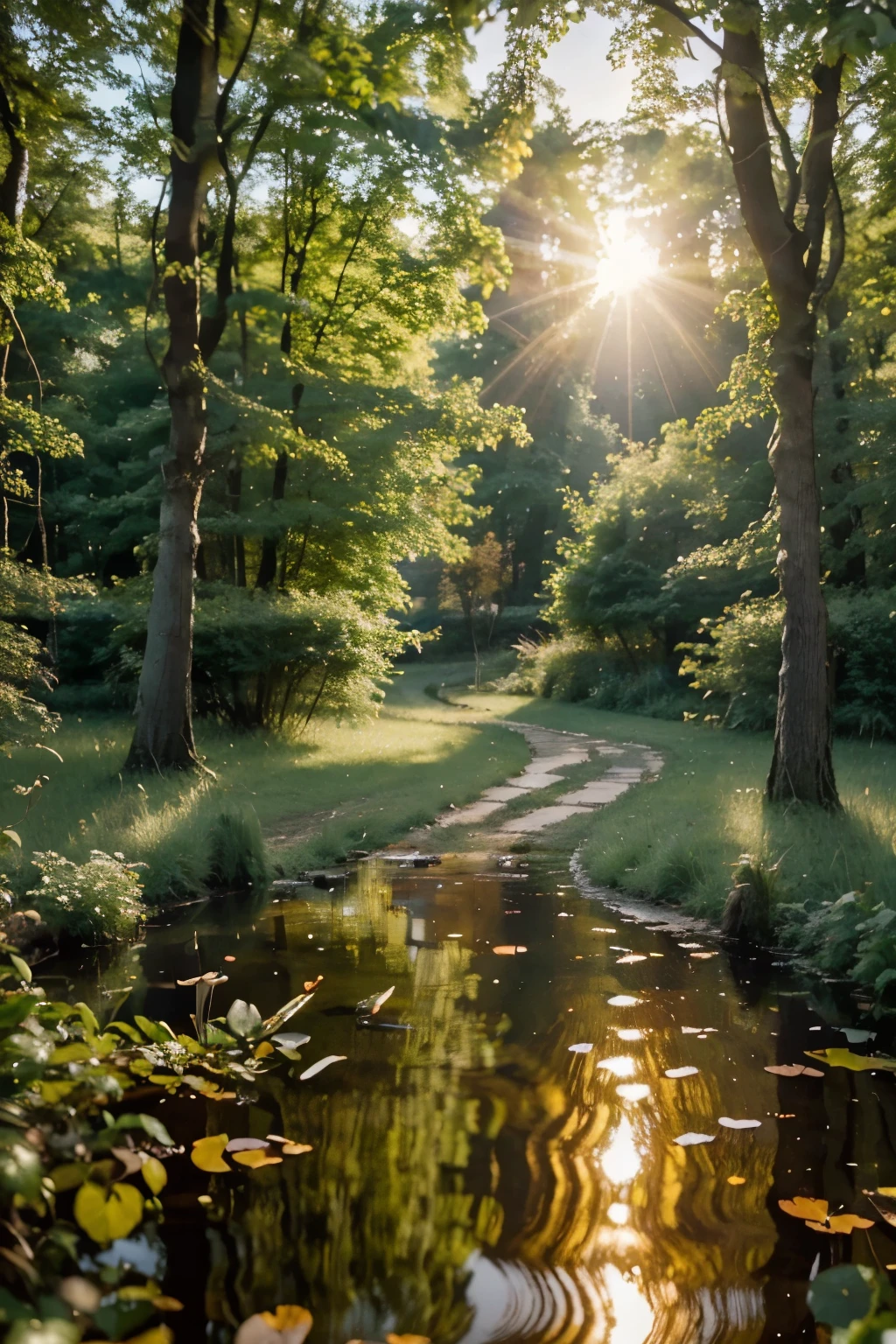 A beautiful spring forest landscape at sunset, lush green foliage, vibrant sunset colors, sun peeking through trees, dappled sunlight, serene pond reflection, deer walking in the distance, birds flying overhead, (best quality,4k,8k,highres,masterpiece:1.2),ultra-detailed,(realistic,photorealistic,photo-realistic:1.37),landscape,colorful,warm lighting,golden hour