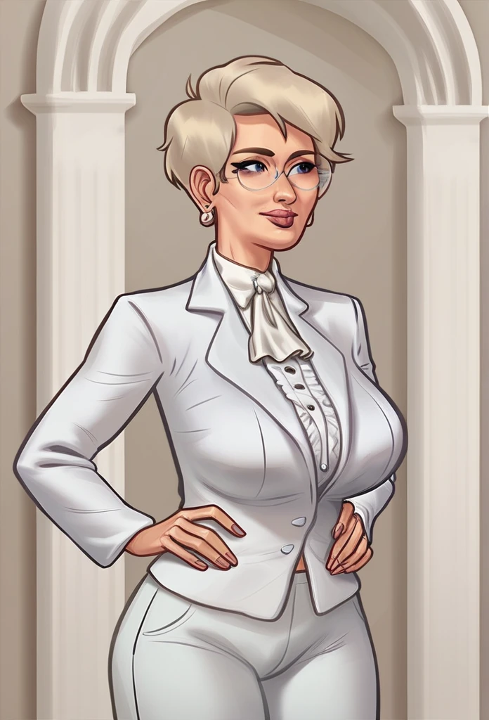 milf.  Pixie-haired blonde . thin. mansion.   Wearing white blazer and white tailoring pants. Wearing eyeglass .