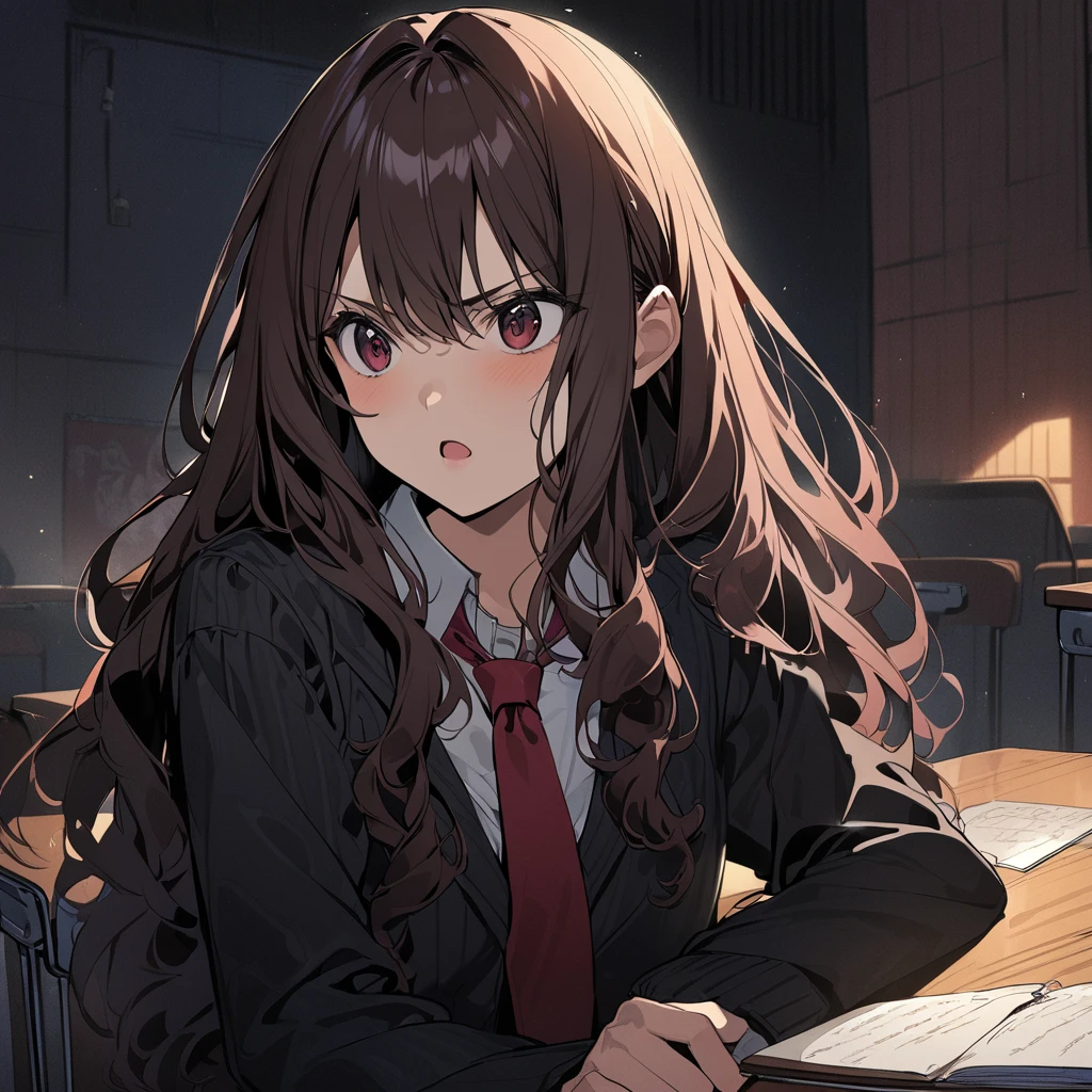  1 girl,  old boy,  black school uniform, red tie,  long hair , Dark brown wavy hair,  in a classroom,  at night, serious look, Open mouth,  lyrics, Detailed 