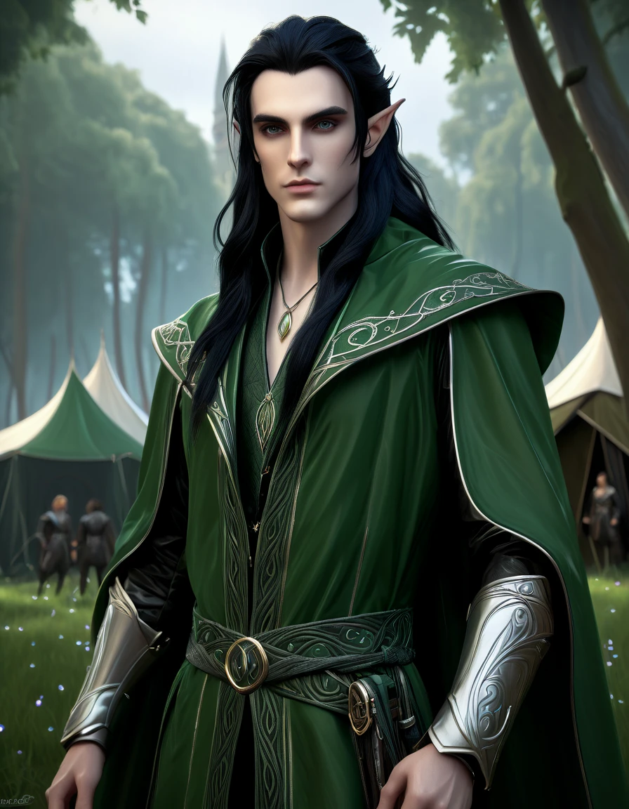 (3DA man in a dark green raincoat stands in front of the tent ,  noble elf in black robes , elf man, ((( black straight long hair ))), (((big beautiful black eyes))), pale skin , elf ears, Portrait of a slender elven man, portrait of fin wildclock,  fantasy novel cover for young adults ,  handsome male elf , inspired by Chris from deltarun ,  handsome androgynous prince , genre fantasy portrait,  portrait of a male elf game art matte painting,  oil painting in high detail, hyperdetailed 3D matt painting , computer game scene ,wlop and andrei riabovitchev , charlie bowater и artgeem,  Edmund Blair and Charlie Bowter  , seductive cyberpunk dark fantasy,  High resolution commission , style of charlie bowater, Чарли Боуотер и Том Бэгшоу  realistic image , masterpiece,  artwork,  hyperrealistic, rendering ,  realistic physical rendering , hyper  realistic illustration,  realistic illustration, photorealistic detail  , hypper  realistic illustration, extreme realistic detail, photorealistic detail  ed picture, with unreal engine render concept art , ), Ultra-подробно and beautiful face,(  Gentle facial expression  :1.1), translucent white skin ,( realistic skin texture:1.1), , Bold design  , art design  ,красивый and подробно pattern,  detailed fabric texture ,  ((подробно backgroun профессиональная величественная масляная  realistic image , masterpiece,  artwork,  hyperrealistic, rendering ,  realistic physical rendering ,  photorealistic rendering ,  highly detailed ,  high-quality render ,  architectural rendering ,  very realistic 3D render ,  realistic image ,