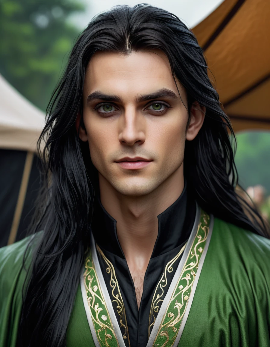 3D man in a dark green raincoat stands in front of the tent,  noble elf in black robes , elf man, ((( black straight long hair ))), (((big beautiful black eyes))), pale skin , elf ears, Portrait of a slender elven man, portrait of fin wildclock,  fantasy novel cover for young adults ,  handsome male elf , inspired by Chris from deltarun ,  handsome androgynous prince , genre fantasy portrait, male elf portrait ,  game art matte painting ,  oil painting in high detail, hyperdetailed 3D matt painting , computer game scene ,wlop and andrei riabovitchev , charlie bowater и artgeem,  Edmund Blair and Charlie Bowter  , seductive cyberpunk dark fantasy,  High resolution commission , style of charlie bowater, Чарли Боуотер и Том Бэгшоу  realistic image , masterpiece,  artwork,  hyperrealistic, rendering ,  realistic physical rendering , hyper  realistic illustration,  realistic illustration, photorealistic detail  , hypper  realistic illustration, extreme realistic detail, photorealistic detail  ed picture, with unreal engine render concept art , ), Ultra-подробно and beautiful face,(  Gentle facial expression  :1.1), translucent white skin ,( realistic skin texture:1.1), , Bold design  , art design  ,красивый and подробно pattern,  detailed fabric texture , ((1 man, 1 girl)) ( romantic sensual scene for a novel  :1.1) ((подробно backgroun профессиональная величественная масляная  realistic image , masterpiece,  artwork,  hyperrealistic, rendering ,  realistic physical rendering ,  photorealistic rendering ,  highly detailed ,  high-quality render ,  architectural rendering ,  very realistic 3D render ,  realistic image ,