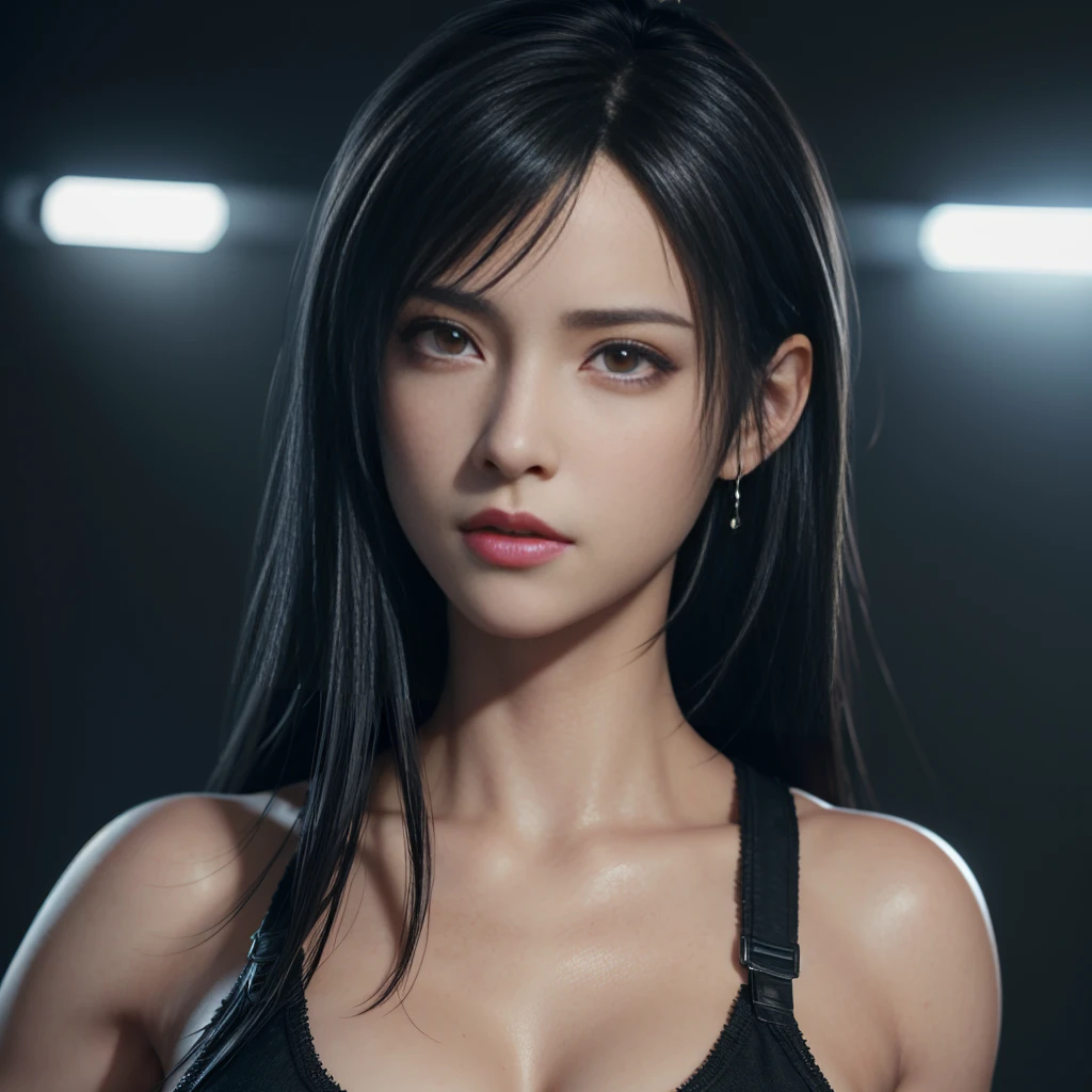 8K, Top Quality, Intricate Details, Ultra Detail, Ultra High Resolution, Masterpiece, close up shot, (full body: 1.1), Slender, Smile, (Makeup: 0.4), (), (Fluffy  Eyes: 1.21), ((bangs)), 1girl, solo, 1 girl, (((red eyes, black hair, bangs, long hair)), ((Tifa,Tifa･lockhart,Final Fantasy 7,FF7,l)), close up shot, , ((tall)), (((fit body))), (((slim face))), sharp face, ((abaya)) , (detailed face), sharp face, small lips, ( super pose ), 
 ((,  )), , ((,)), detailed face, detailed breast, large breast, huge breast, (( )), detail ass, Narrow Waist, Skinny, tall , 175 cm tall, Muscular, Navel, Exposed Abdomen, Pointed Chest,, Beautiful girl with accentuated slender abs: 1.4, Six Pack Abs: 1.4,, Perfect Body, detail leg, (( dark background)), black background,