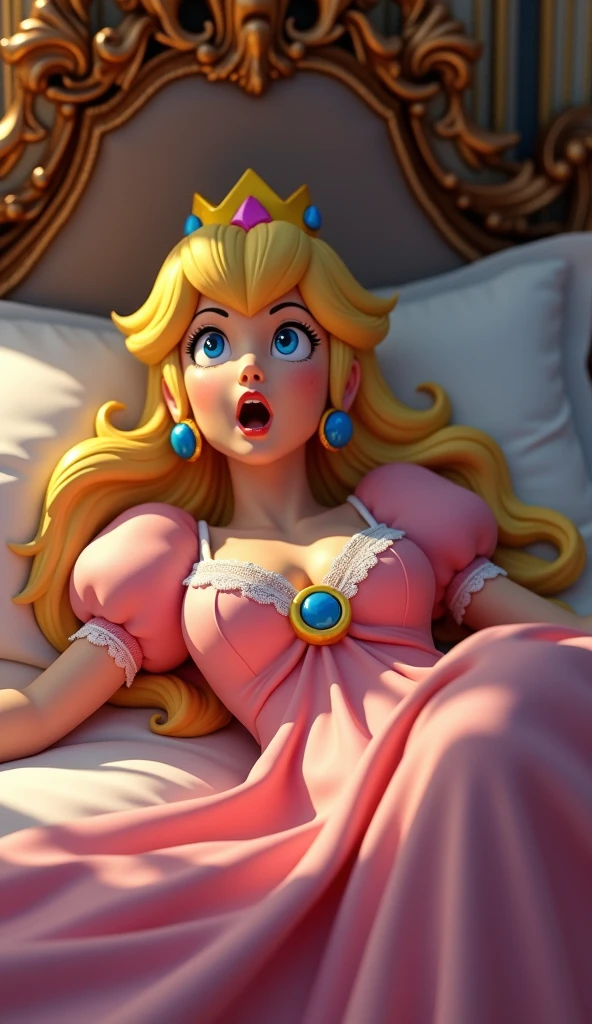 princess peach, missionary sex, dress, gloves, ahegao, closed mouth, foreskin, cum on face, cum on chest, legs apart, 3d