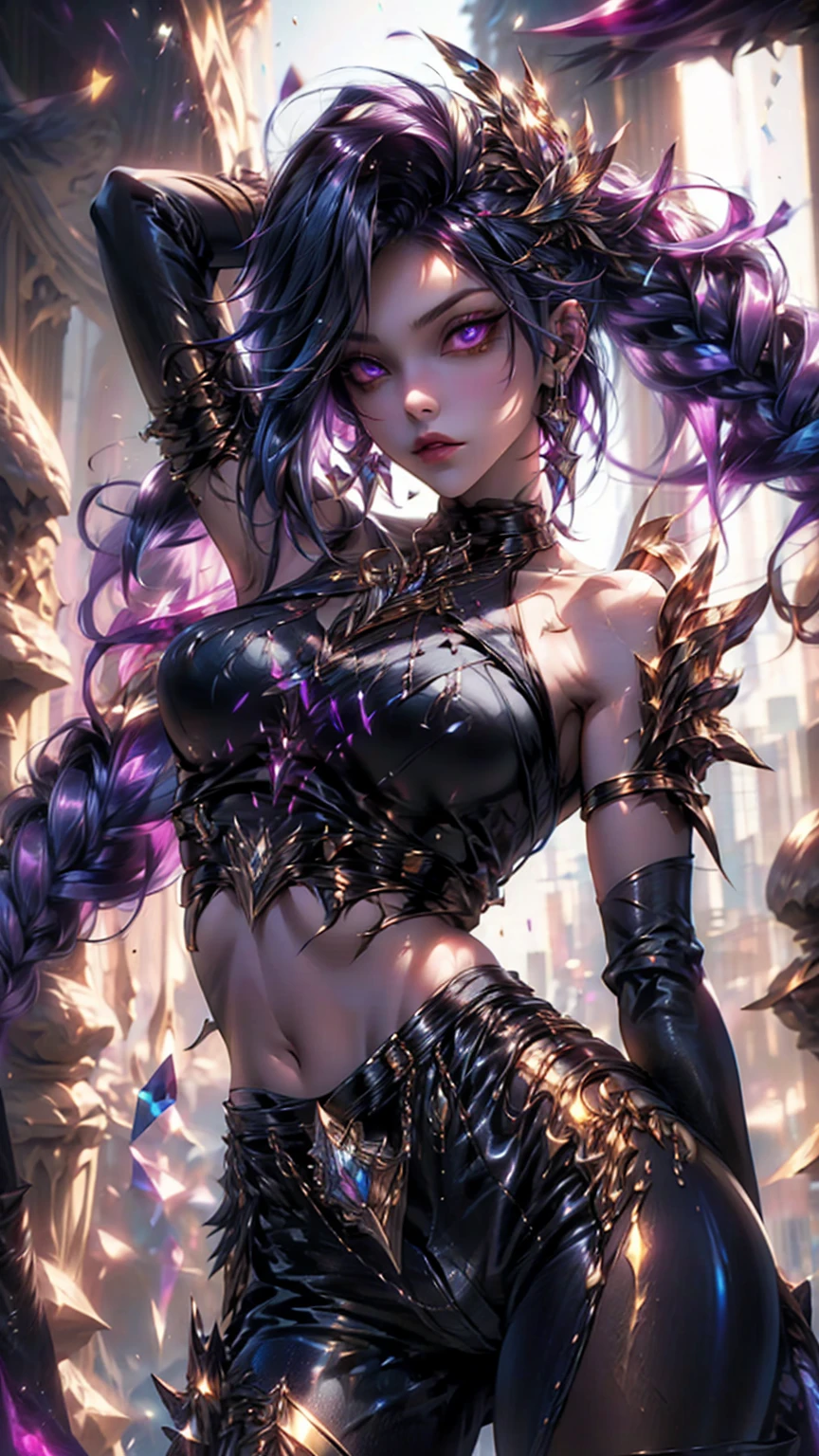 (masterpiece, best quality),1girl with long purple-black hair standing on the edge of a sky scraper, swedish face with sharp features, warm lighting,  glowing purple eyes, (golden-tan skin: high priority),detailed-beautiful eyes,gothic fantasy armour