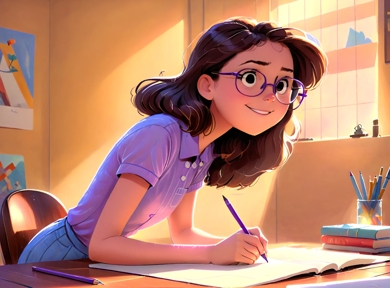 perfect anatomy , very aesthetic , solo,1girl\(Clara, a small girl with brown wavy hair, using glasses) , drawing with crayons , on a table , happy expression , wearing purple shirt. Detailed face , fix hands, one head , two arms , intricate details , one girl , colorful crayons , cozy indoor setting , beautiful lighting , soft pastel colors , warm tones , cinematic composition , award winning illustration , highly detailed , photorealistic , 8k , masterpiece , professional , award winning , cinematic lighting , soft focus , beautiful composition , consistent character. The illustration should be simple and clean. The style of the illustration resembles a classic ren's book, combining a Disney cartoon and watercolor illustration but with thick lines outlining the image.