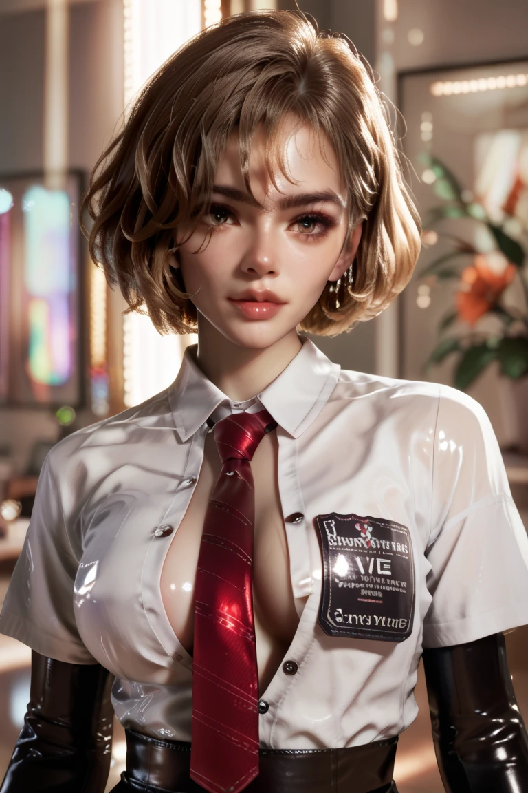  1 girl,  buttoned in extremely tight shiny latex blouse, Necktie,  short hair, Lens reflection, Reflected light, 