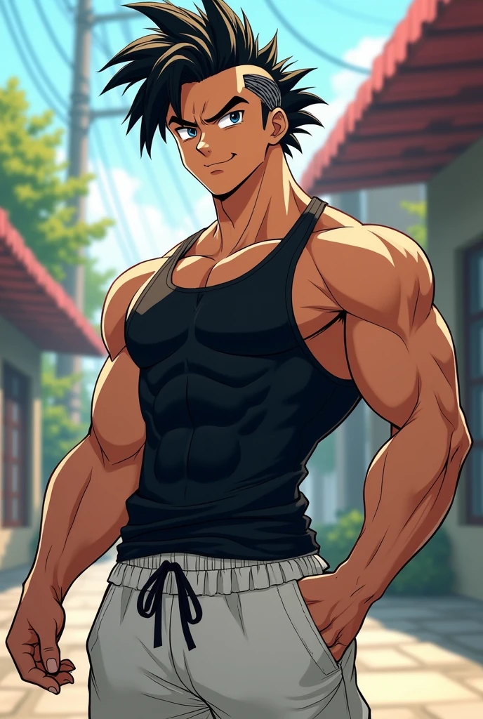 Muscle lifeguard,son goku,He was top-naked,Wear sexy white briefs:1.2,mesmerizing eyes,Tall and burly,musculous,Tall, Burly and strong, Extremely detailed depiction of faces,Exquisite facial features,super gain and cool, commission for high resolution, Attractive strong men,Leisurely basking in the sun,model poses,full bodyesbian,Thick thighs and calves,over-Tortoise Man,