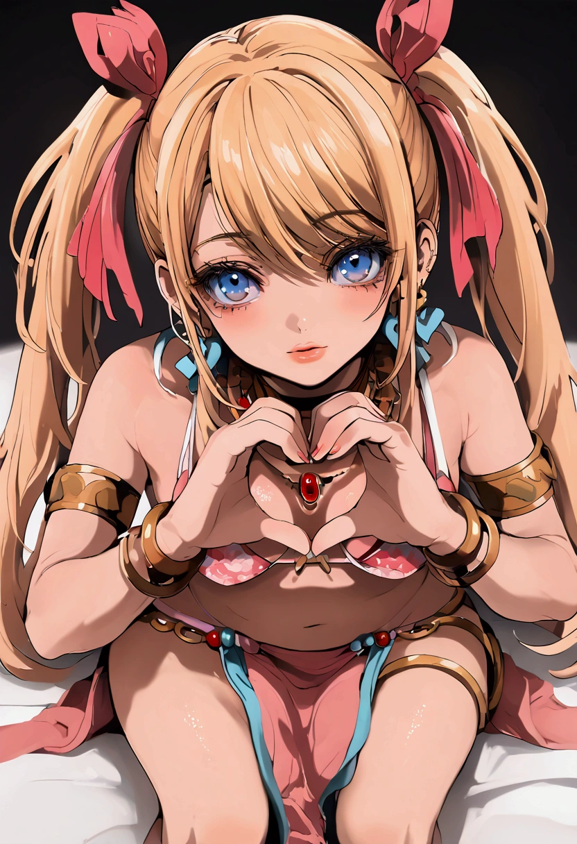 Mamimi style, Lucy Heartfilia Dancer, blonde hair, long pigtails, hair ribbon, pink bikini top, pink pelvic curtain, blue floral pattern, anklets, bracelets, necklace, Heart hands, sitting down, cock next to her face
