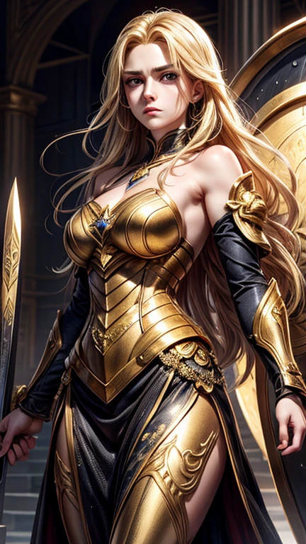 ((realism))Golden plates, shiny golden hair, ((detailed face)), strong arms, half naked, big eyes, shield and sword, 25 year old woman((expressive face)).