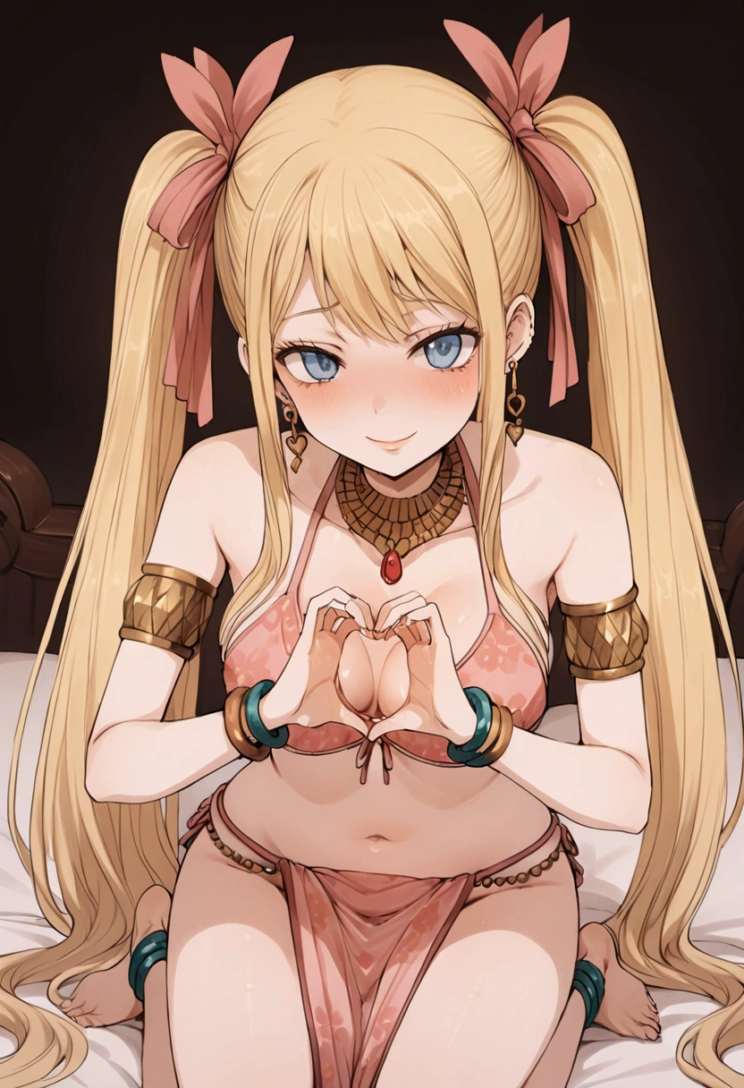 Terasu MC style, Lucy Heartfilia Dancer, blonde hair, long pigtails, hair ribbon, pink bikini top, pink pelvic curtain, blue floral pattern, anklets, bracelets, necklace, Heart hands, sitting down, cock next to her face
