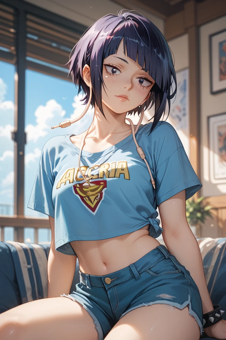 mature woman, tomboy, hot face, horny expression, (sharp eyes), cyan eyes, (short hair, pixie hairstyle, dark blue hair, dark hair), (fit body, mature body), big breast, short pants, hot pants, casual shirt, bedroom, viewer on bed, (licking lips), (on top of viewer, crawling to viewer, on all four), view from below
