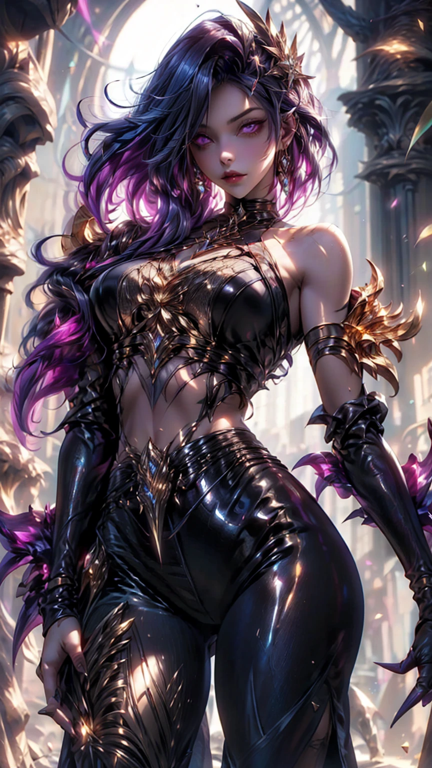 (masterpiece, best quality),1girl with long purple-black hair standing on the edge of a sky scraper, swedish face with sharp features, warm lighting,  glowing purple eyes, (golden-tan skin: high priority),detailed-beautiful eyes,gothic fantasy armour