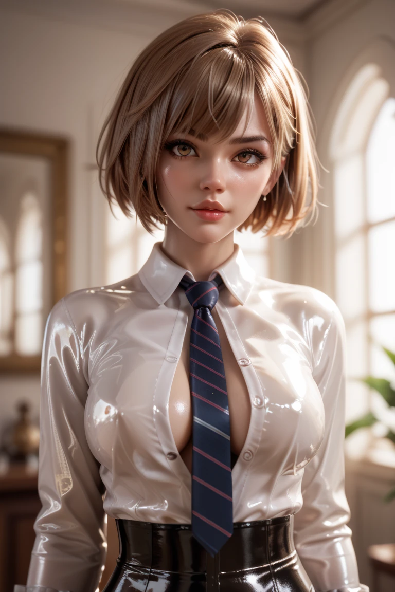  1 girl,  buttoned in extremely tight shiny latex blouse, Necktie,  short hair, Lens reflection, Reflected light, 