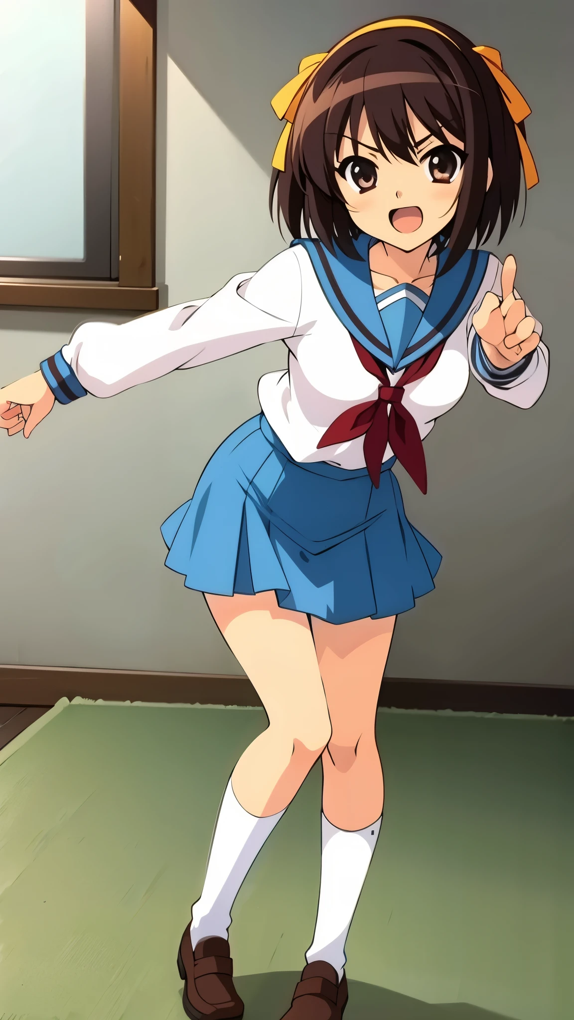 indoor, in crass room, wearing school uniform, full body shot, anime style, 8k, angry, masterpiece, ultra high res,
