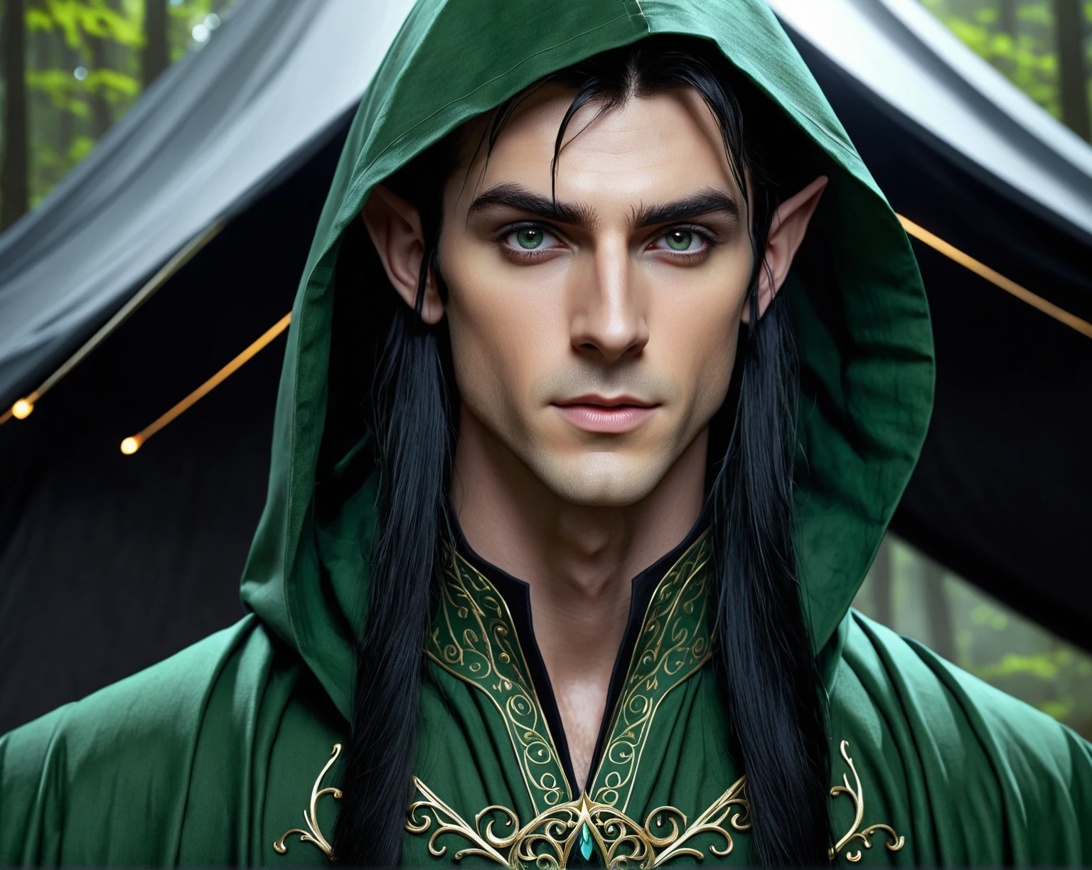 3D man in a dark green raincoat stands in front of the tent,  noble elf in black robes , elf man, ((( black straight long hair ))), (((big beautiful black eyes))), pale skin , elf ears, Portrait of a slender elven man, portrait of fin wildclock,  fantasy novel cover for young adults ,  handsome male elf , inspired by Chris from deltarun ,  handsome androgynous prince , genre fantasy portrait,  portrait of a male elf game art matte painting,  oil painting in high detail, hyperdetailed 3D matt painting , computer game scene ,wlop and andrei riabovitchev , charlie bowater и artgeem,  Edmund Blair and Charlie Bowter  , seductive cyberpunk dark fantasy,  High resolution commission , style of charlie bowater, Чарли Боуотер и Том Бэгшоу  realistic image , masterpiece,  artwork,  hyperrealistic, rendering ,  realistic physical rendering ,  photorealistic rendering ,  highly detailed ,  high-quality render ,  architectural rendering ,  very realistic 3D render ,  realistic image 