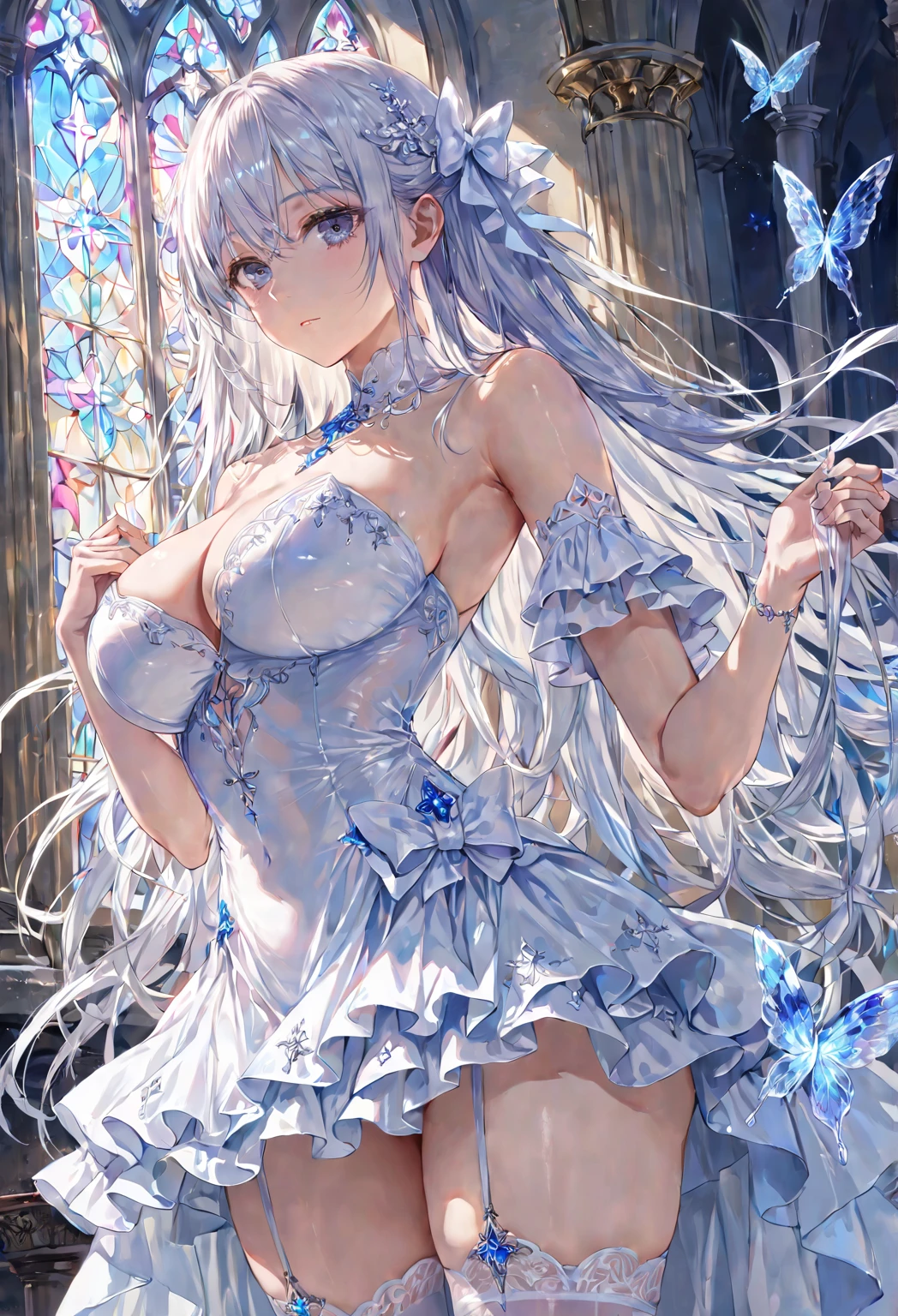 1 girl, solo, angel, full body.
Both arms behind her back.
White hair, very long hair, bangs.
Glossy skin, shiny skin, big breasts, thick thighs.
Grey eyes, crystal-like, gem-like, sparkling, starry eyes.
White dress with frills, bare shoulders, see-through fabric, detached wide sleeves.
White bow, gem accents, jewelry.
White thigh-highs with garter straps, white high heels.
Expressionless face.
Outdoor background, white-themed church, blue tones.
Hyper-detailed, ultra-realistic shadows and textures.
4K, 8K resolution, masterpiece, ultra-detailed portrait.
Super high quality, realistic anatomy, realistic details.
Perfect anatomy, perfect posture, perfect hands, perfect eyes.
Score_9, score_8_up, score_7_up.
Angelic and ethereal atmosphere, dominant white and blue tones.