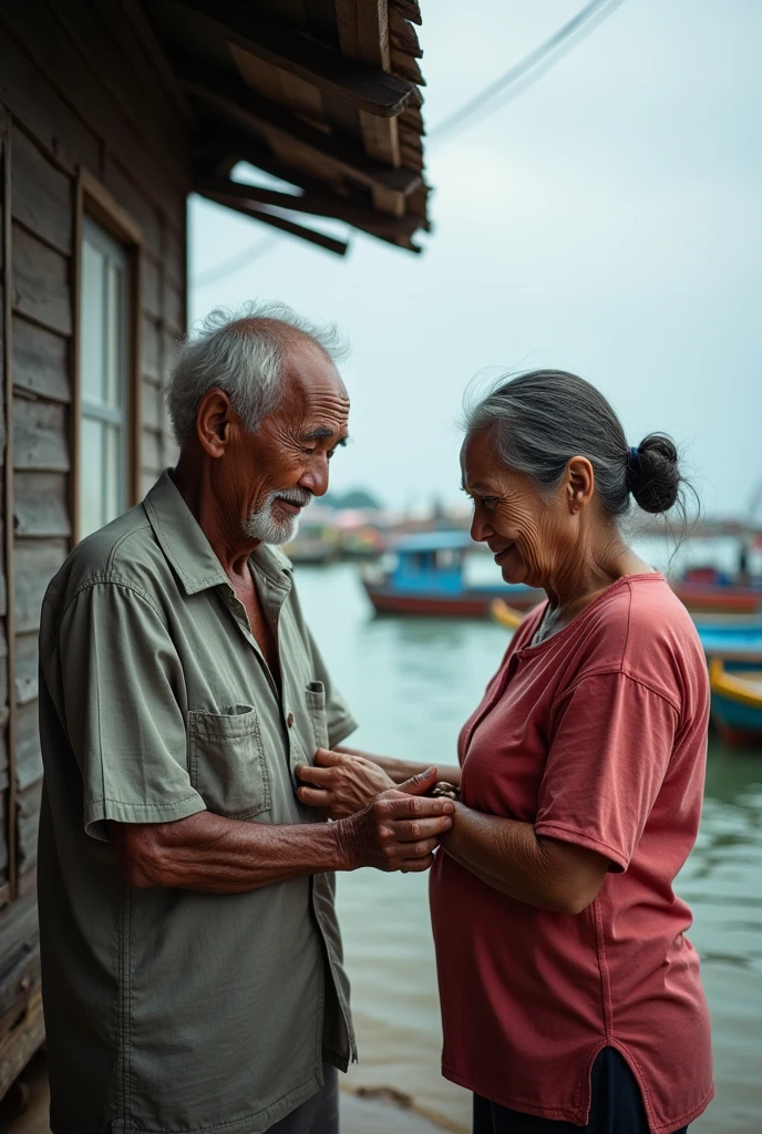 Grandfather and grandmother sitting hugging each other in front of the hut. Countryside of Thailand, cute smiles, bright faces, realistic color images, very high contrast. 