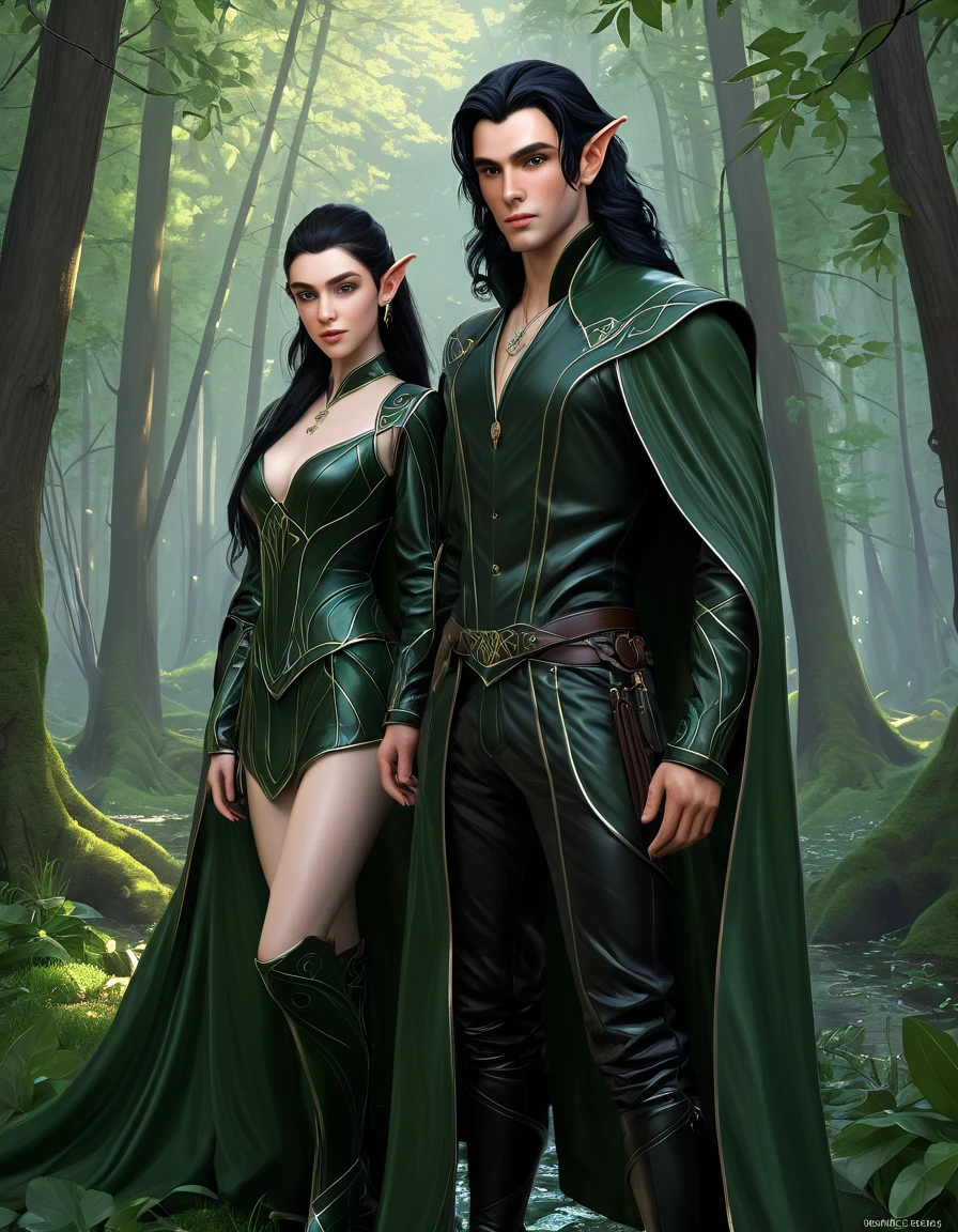 concept art, a masterpiece of artistic digital painting, . in as much detail as possible, the style of the masterpiece from Artgerm, WHEELOOP , Rutkowski, Monge is ultra-realistic, 2D, 3D man in a dark green raincoat stands in front of the tent,  noble elf in black robes , elf man, ((( black straight long hair ))), (((big beautiful black eyes))), pale skin , elf ears, Portrait of a slender elven man, portrait of fin wildclock,  fantasy novel cover for young adults ,  handsome male elf , inspired by Chris from deltarun ,  handsome androgynous prince , genre fantasy portrait, male elf portrait ,  game art matte painting ,  oil painting in high detail, hyperdetailed 3D matt painting , computer game scene ,wlop and andrei riabovitchev , charlie bowater и artgeem,  Edmund Blair and Charlie Bowter  , seductive cyberpunk dark fantasy,  High resolution commission , style of charlie bowater, Чарли Боуотер и Том Бэгшоу  realistic image , masterpiece,  artwork,  hyperrealistic, rendering ,  realistic physical rendering , hyper  realistic illustration,  realistic illustration, photorealistic detail  , hypper  realistic illustration, extreme realistic detail, photorealistic detail  ed picture, with unreal engine render concept art , ), Ultra-подробно and beautiful face,(  Gentle facial expression  :1.1), translucent white skin ,( realistic skin texture:1.1), , Bold design  , art design  ,красивый and подробно pattern,  detailed fabric texture , ((1 man, 1 girl)) ( romantic sensual scene for a novel  :1.1) ((подробно backgroun профессиональная величественная масляная  realistic image , masterpiece,  artwork,  hyperrealistic, rendering ,  realistic physical rendering ,  photorealistic rendering ,  highly detailed ,  high-quality render ,  architectural rendering ,  very realistic 3D render ,  realistic image ,