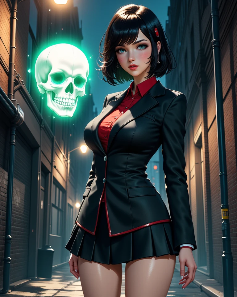 Perverted face girl, Velma from Scooby Doo anime, western facial features, short black hair, short orange orange blouse (crepe), very sensual, very sensual red high school mini skirt, running from a show, large breasts, torn clothes, submissive look, perverted smile, glasses, short black glove, cemetery, fog, dark, 3 am, cloudy night,  Horror weather, dawn, crosses, suspense, (masterpiece, blurred background, natural lighting, depth of field, ultra detailed and realistic photography, 100mm lens), film scene style